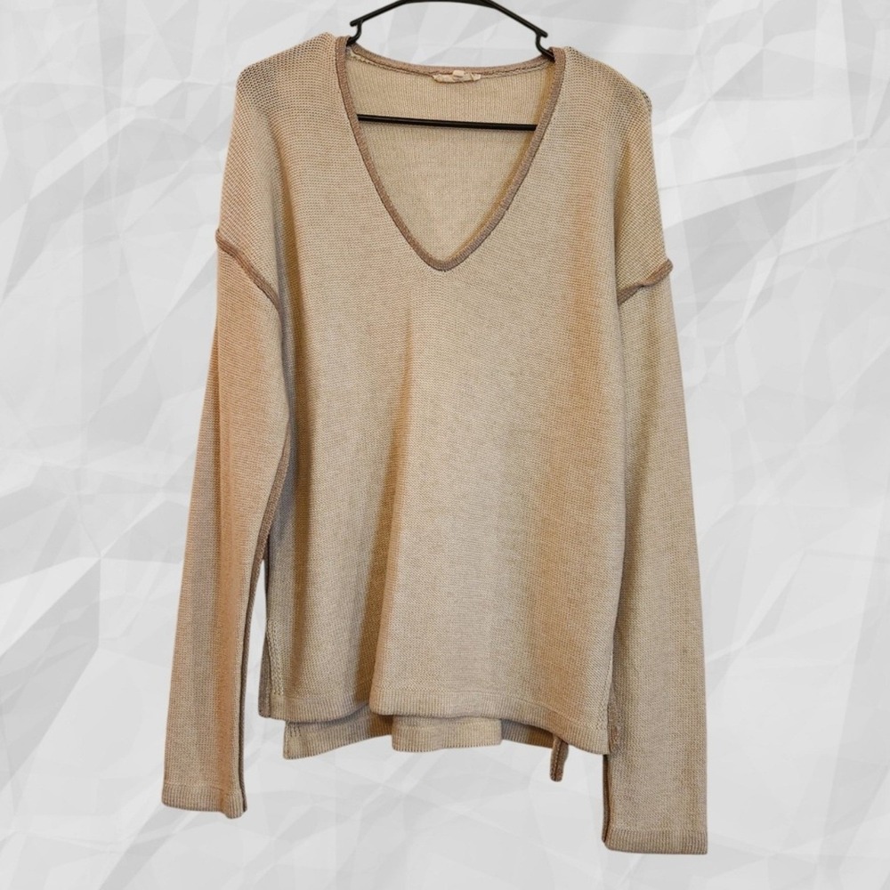Mystree V Neck Knit‎ Sweater Beige Long Sleeve Pullover Women's L